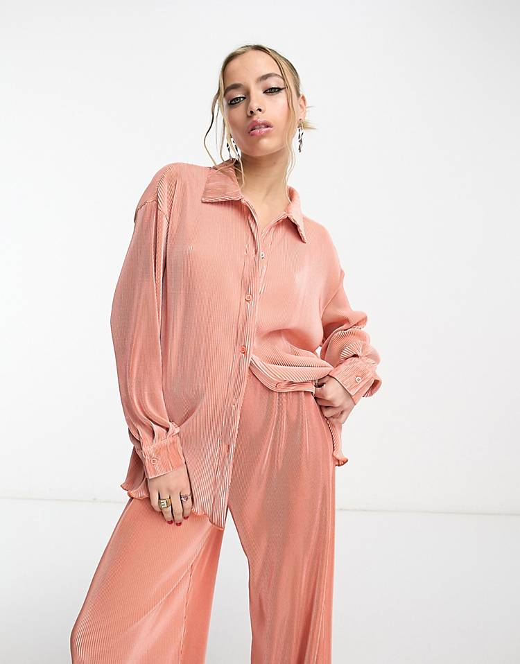 The Frolic plisse oversized shirt in cantaloupe orange - part of a set